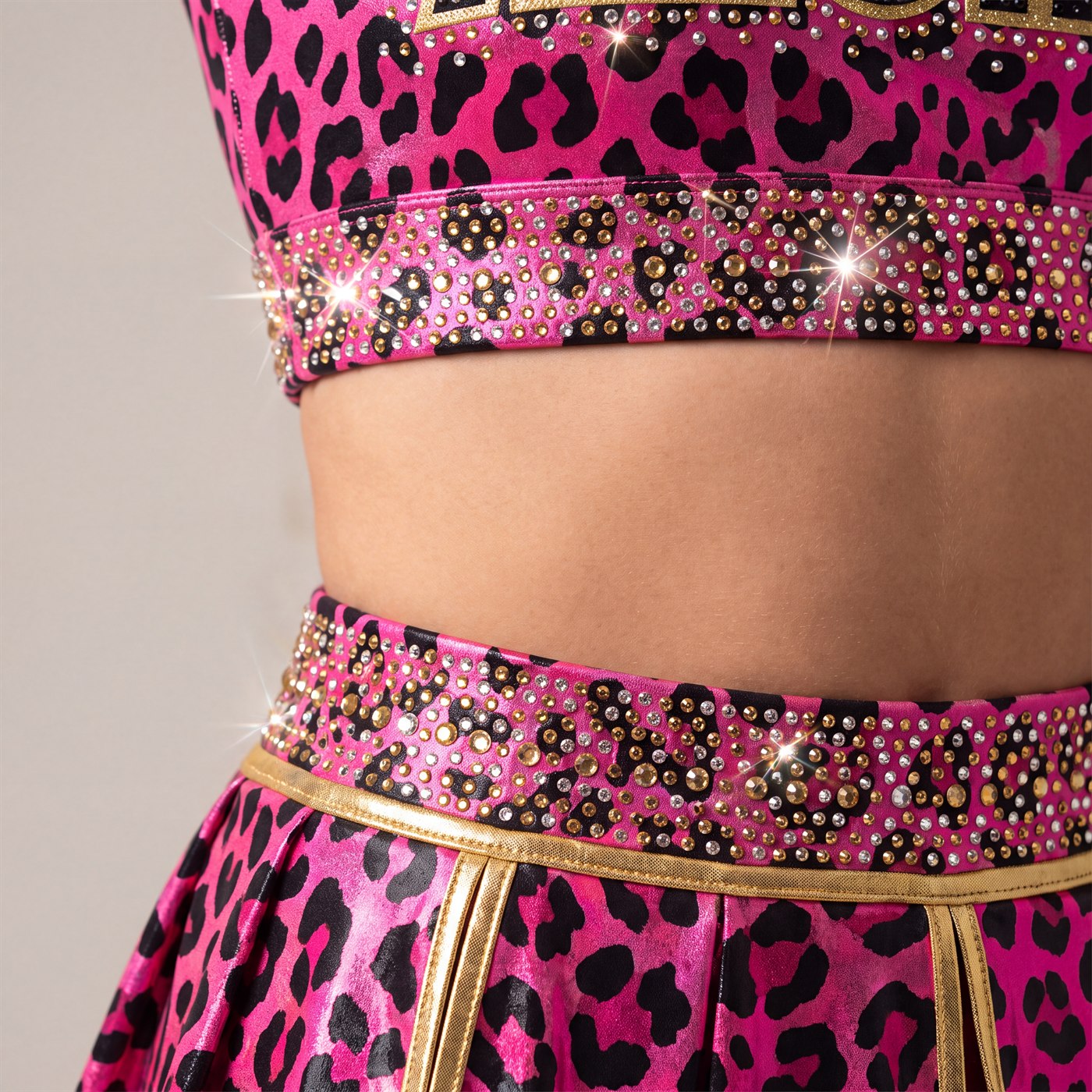 Pink leopard print crop hem and skirt waistband banded in gold and crystal